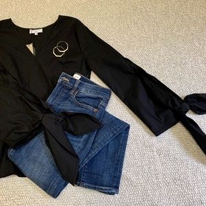 Ribbon Tie Long Sleeve Peplum Top